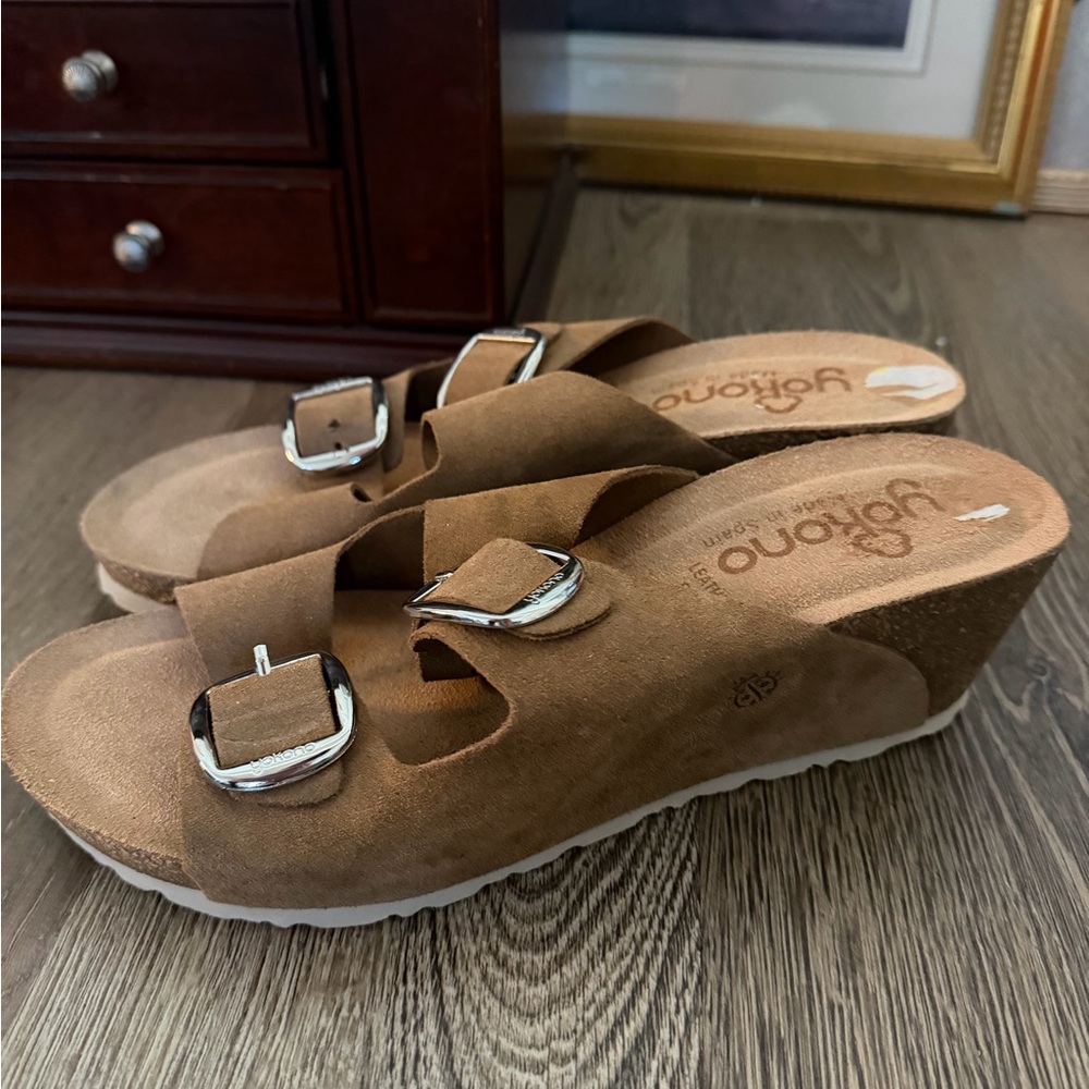 Leather slides Wedge Tan Wedge Sandals